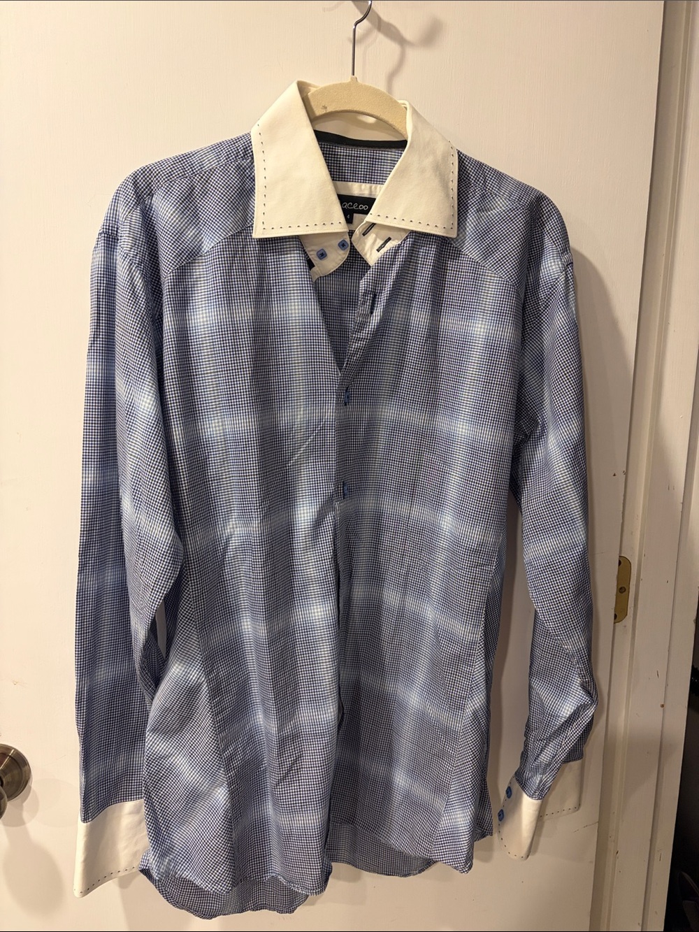 Maceoo Men's Blue Check Dress Shirt with White Contrast Collar size 4 or (large)